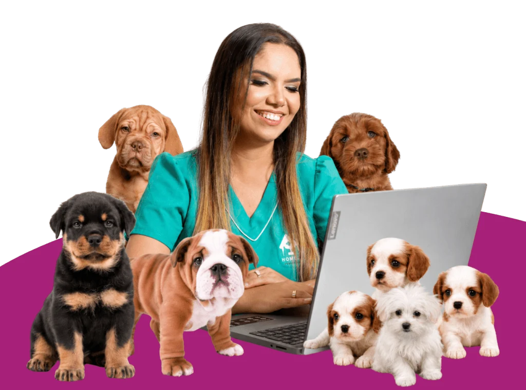 Dra. Elisângela em consulta veterinária com vários filhotes